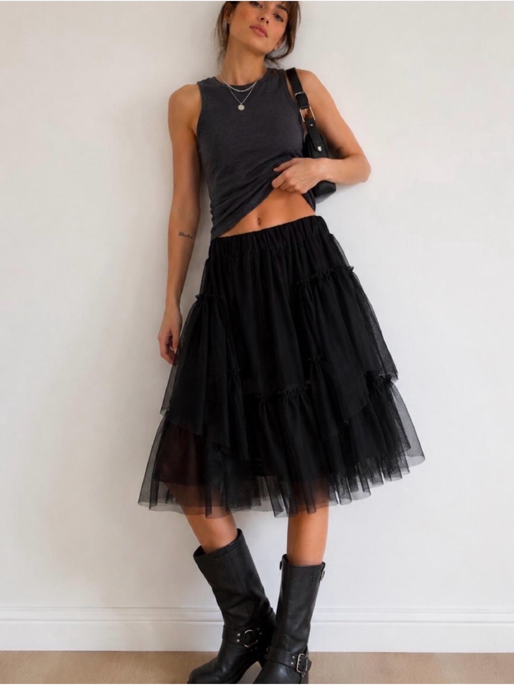 Black Layered Tulle Midi Skirt | Size Sm/Med
